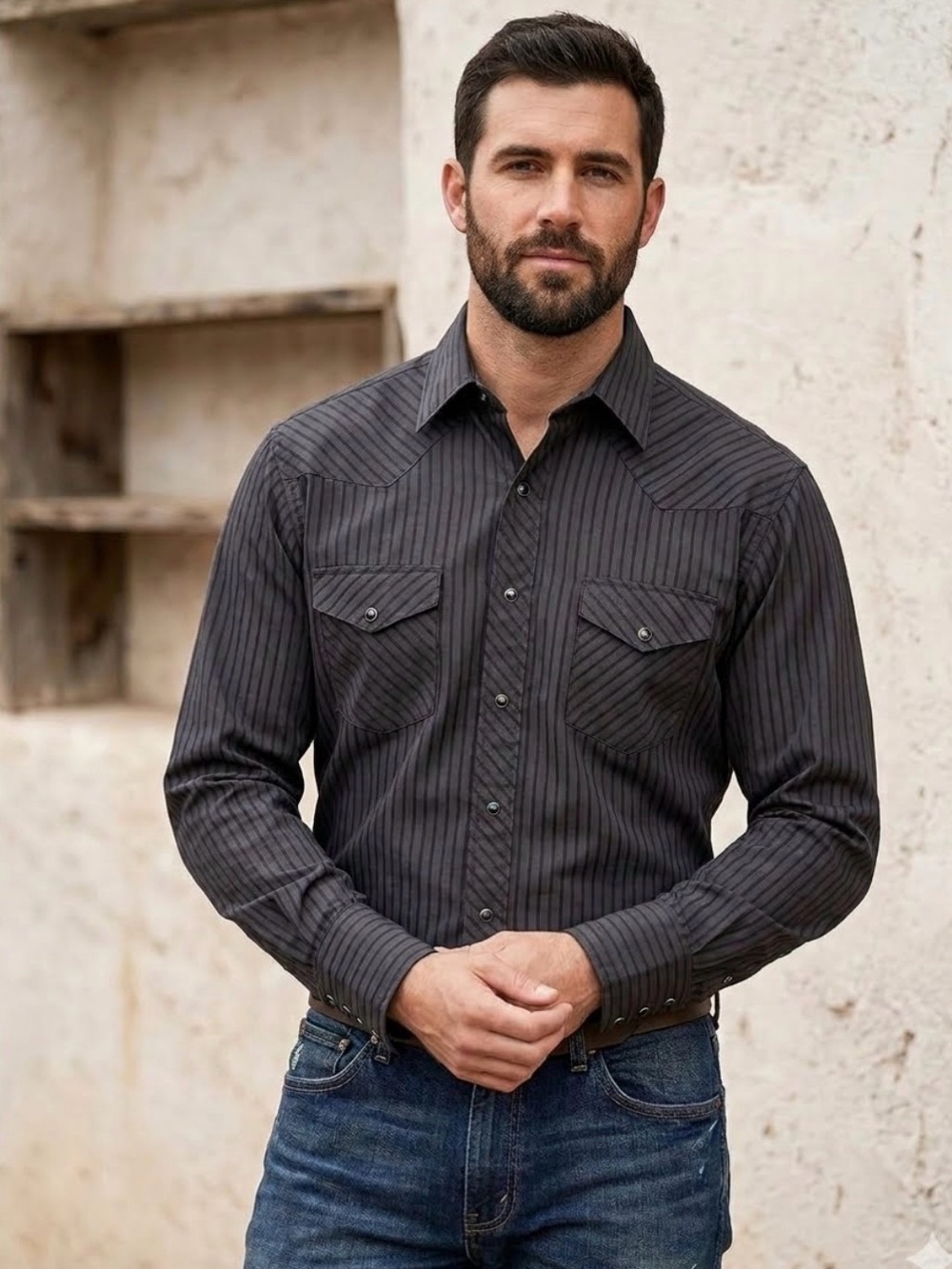 VTG 90s Wrangler Black Pearl Snap Shirt, Single V-Point Back Yoke, Men's L